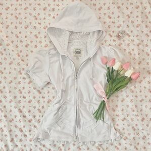 Coquette White Lace Trim Hood Babydoll Zip-Up Short-Sleeve Hoodie Top